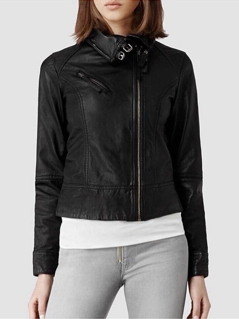 Allsaints Belvedere Genuine Leather Moto Buckle Zip Jacket $595 MSRP